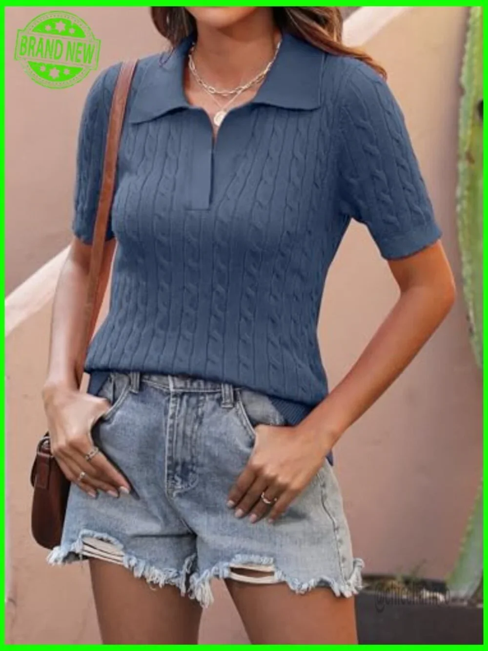 Short Sleeve V-Neck Cable Knit Sweater Top Loose Fit Summer Pullover